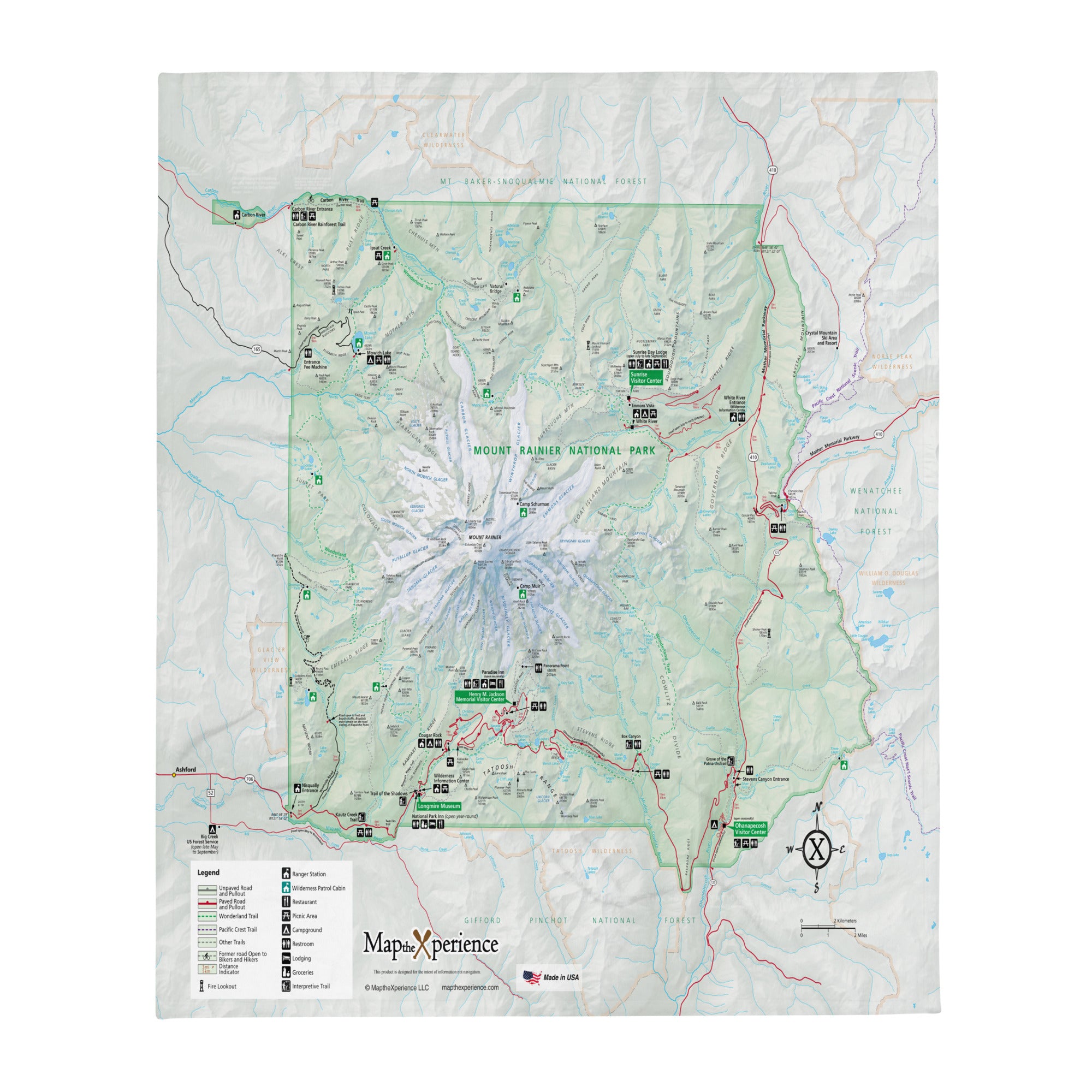Mount Rainier National Park Map Fleece Throw Blanket