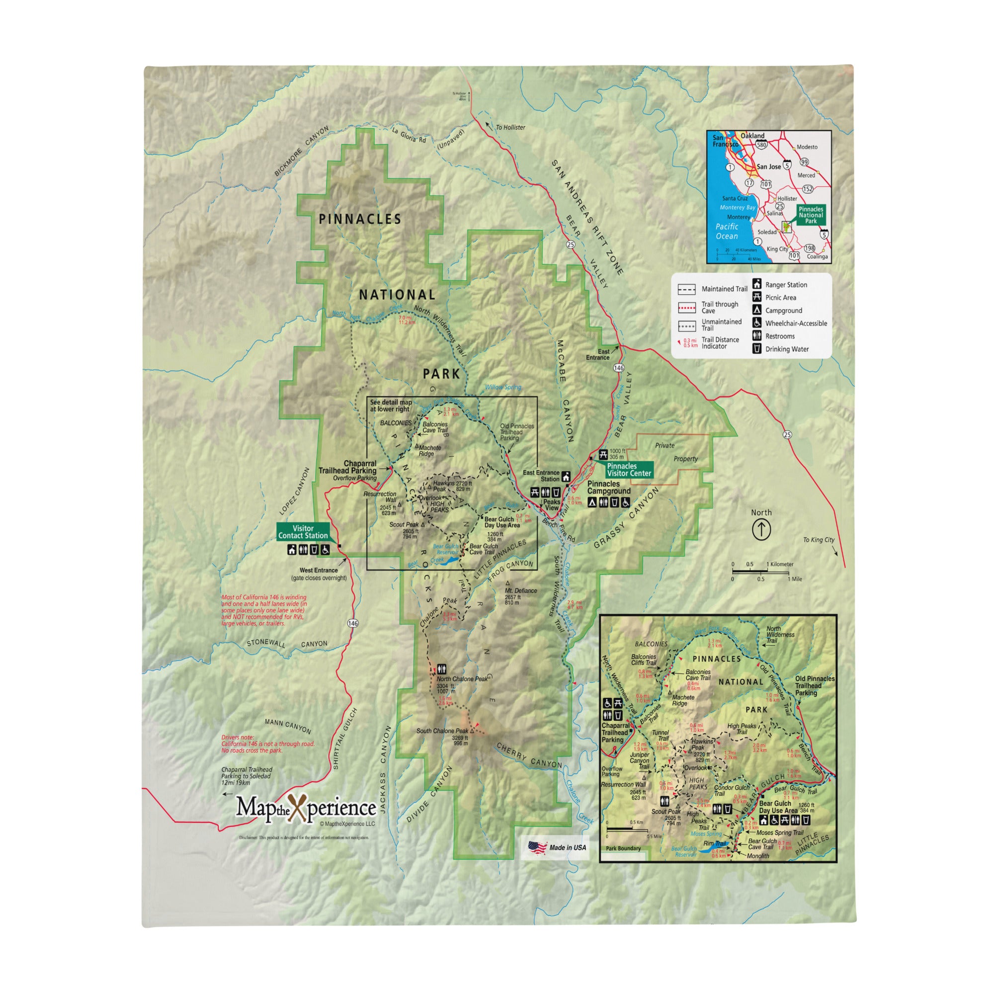 Pinnacles National Park Map Fleece Throw Blanket