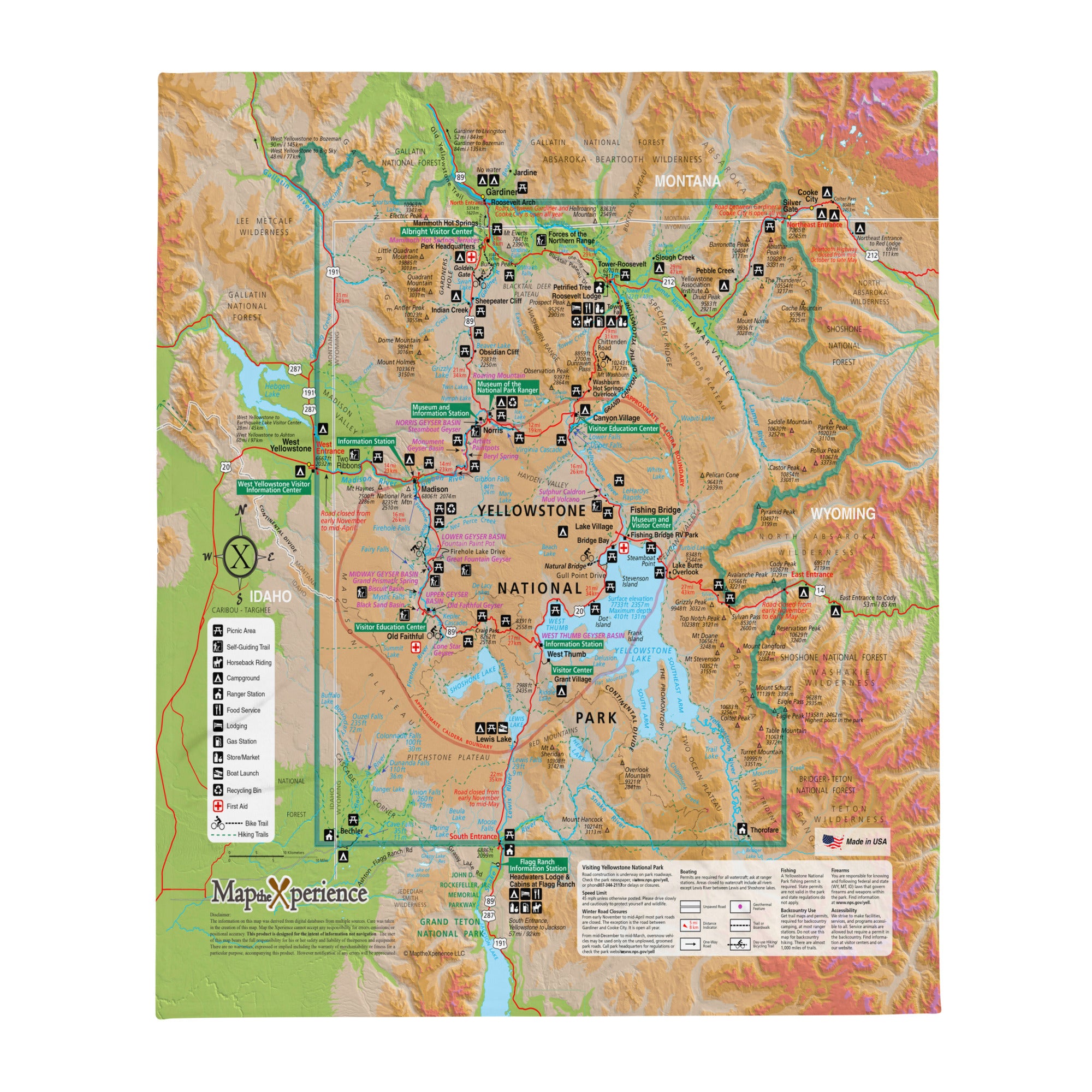 Yellowstone National Park Map Fleece Throw Blanket