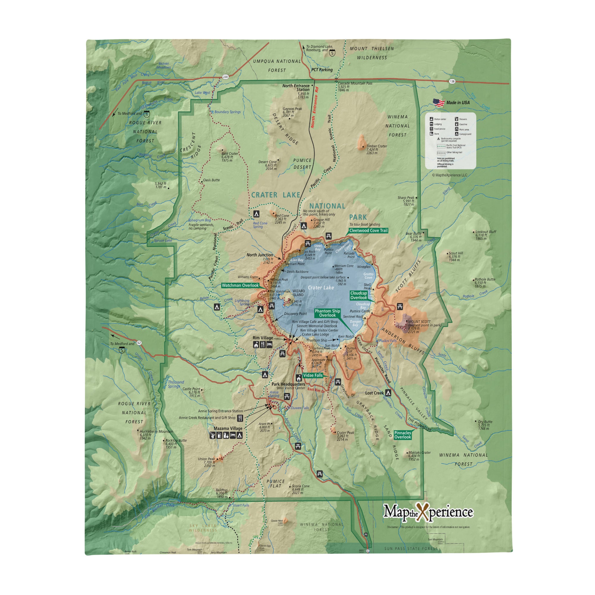 Crater Lake National Park Map Fleece Throw Blanket
